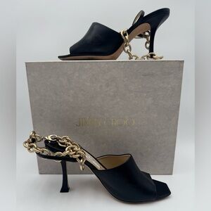 JIMMY CHOO
Sae 90 chain-embellished leather slingback sandals size 9